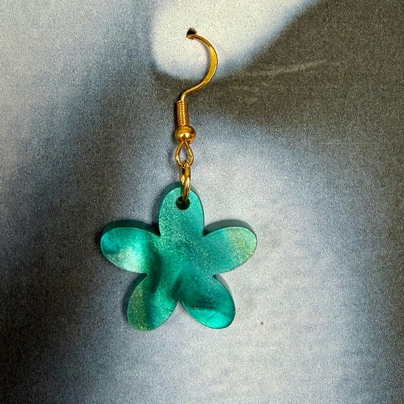 Floral Teal and Gold Earrings - Picture 3 of 3